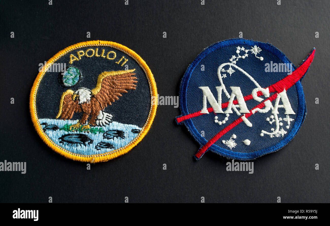 Apollo 11 mission patch and NASA badge. Stock Photo