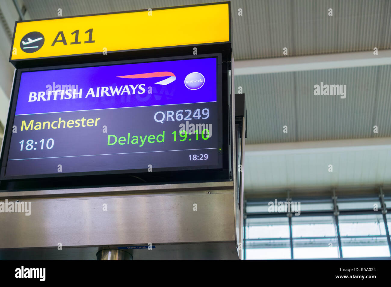 September 10, 2017 London/UK - Flight delay announcement at Heathrow airport Stock Photo