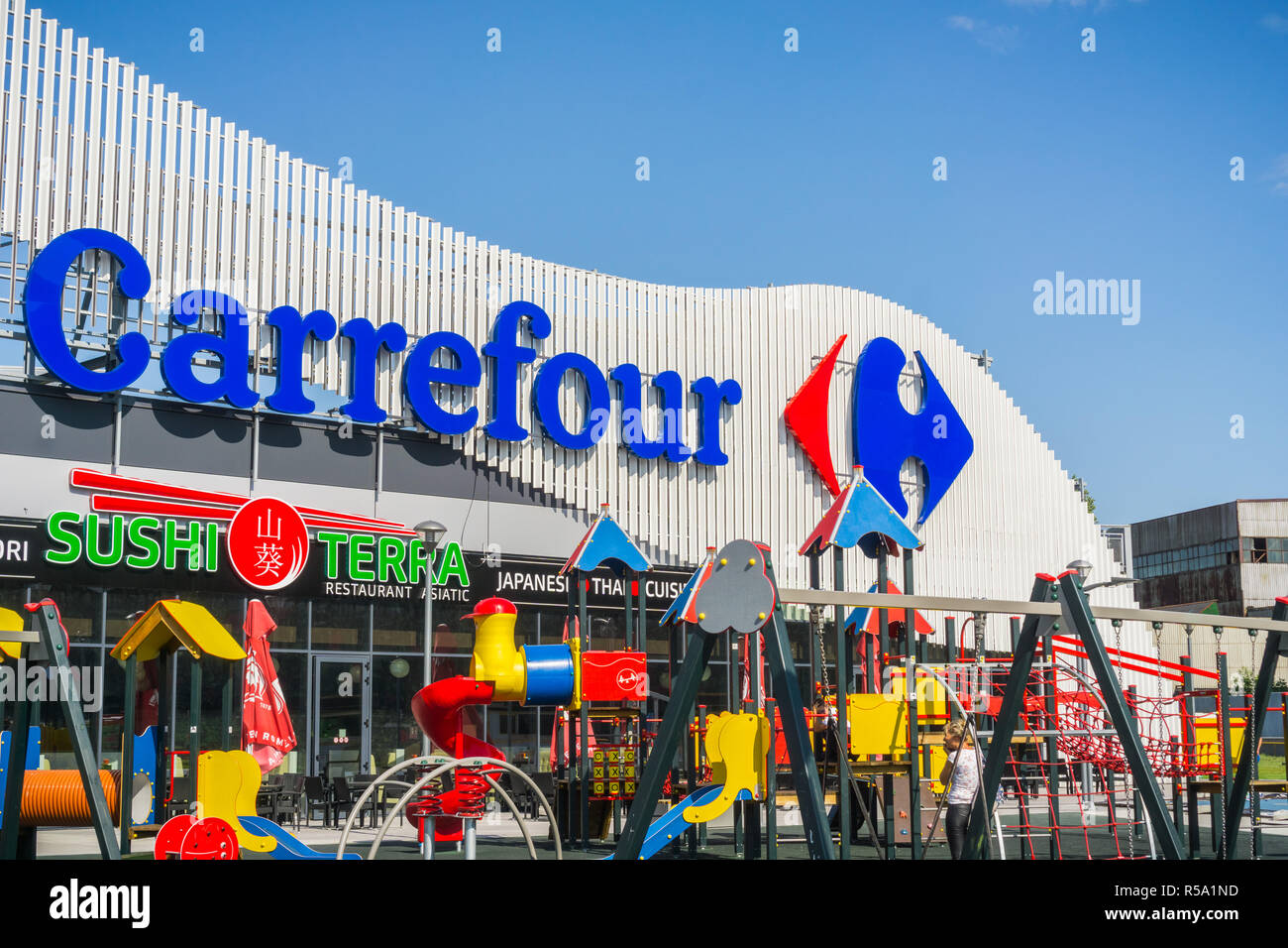 September 13, 2017 Bucharest, Romania - Carrefour logo above the store entrance Stock Photo