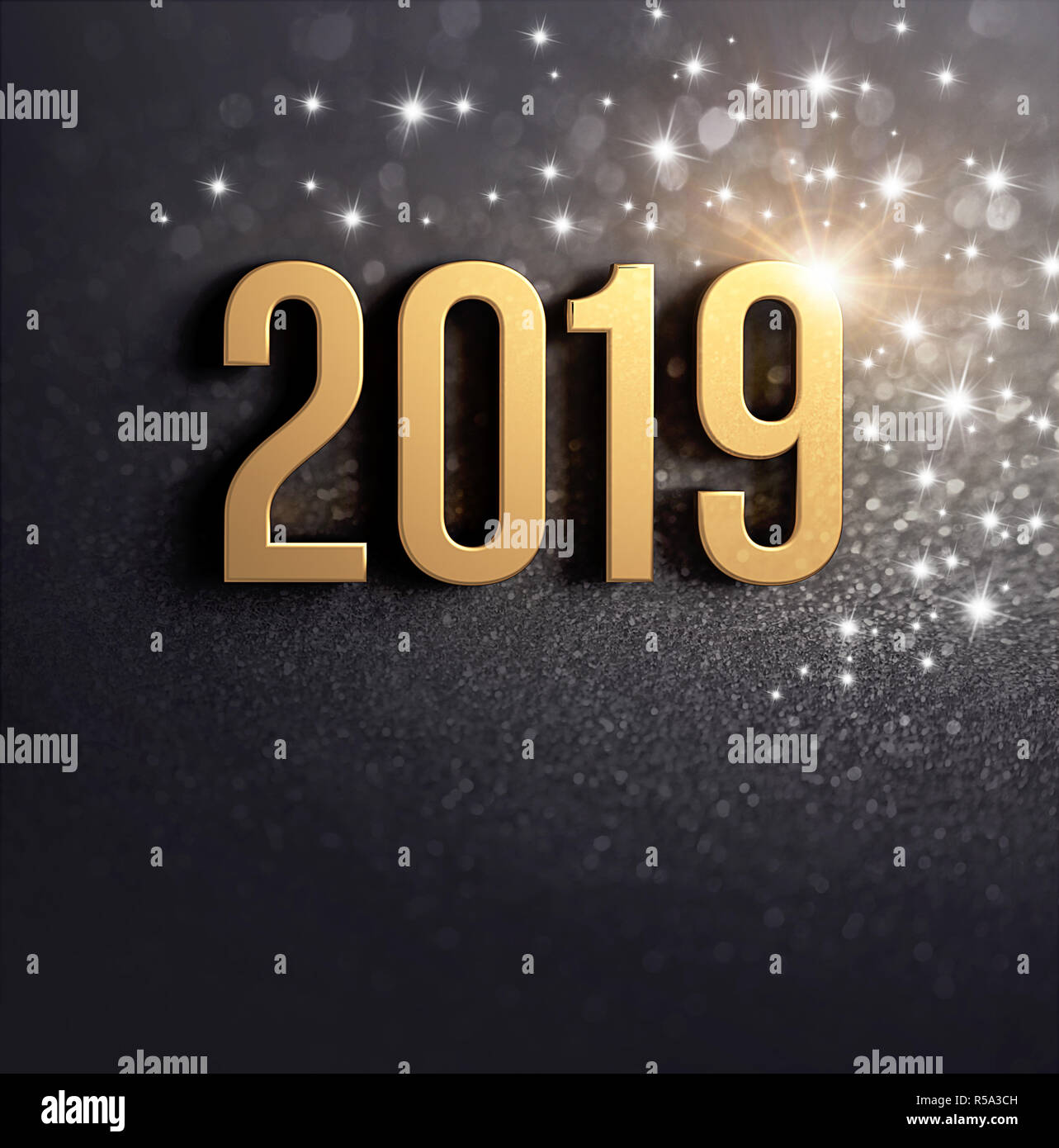 New Year 2019 date number colored in gold, on a festive black background, with glitters and stars - 3D illustration Stock Photo