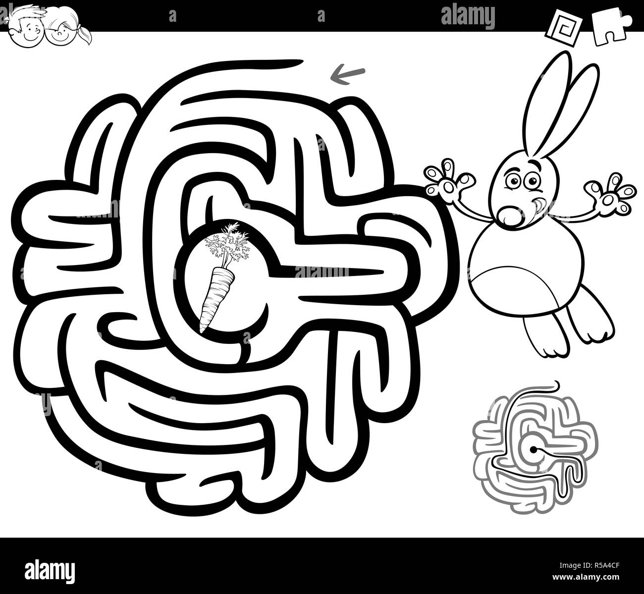 maze with rabbit coloring page Stock Photo
