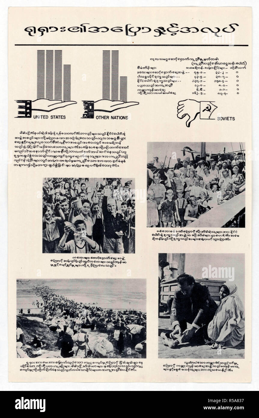 1/9/1952 - U.S. Propaganda Posters in 1950s Asia - Kremlin's Words and Deeds Poster (written in Burmese) Stock Photo