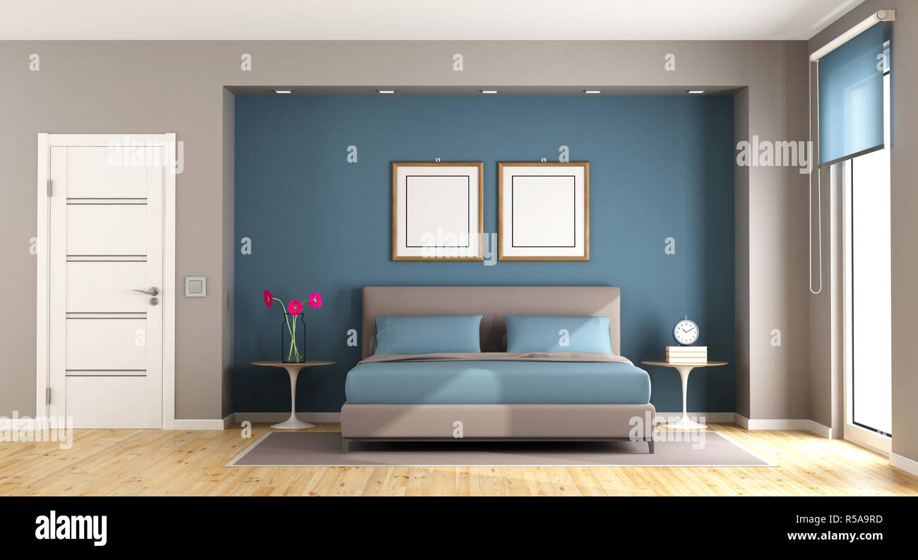 Blue and brown modern bedroom Stock Photo - Alamy