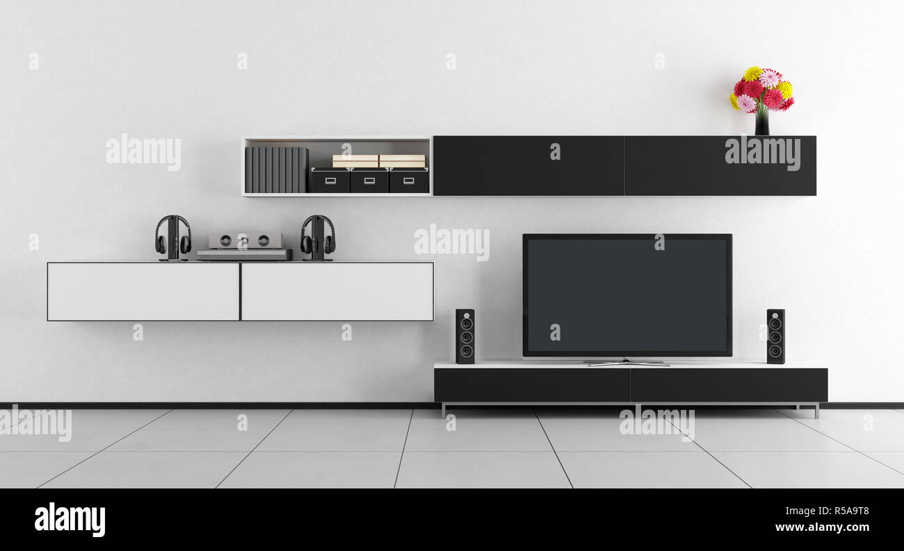 Black and white room with tv unit Stock Photo Alamy