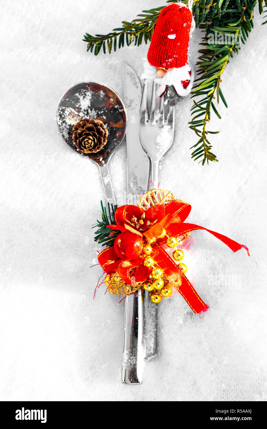 Christmas table place setting. Holidays background Stock Photo