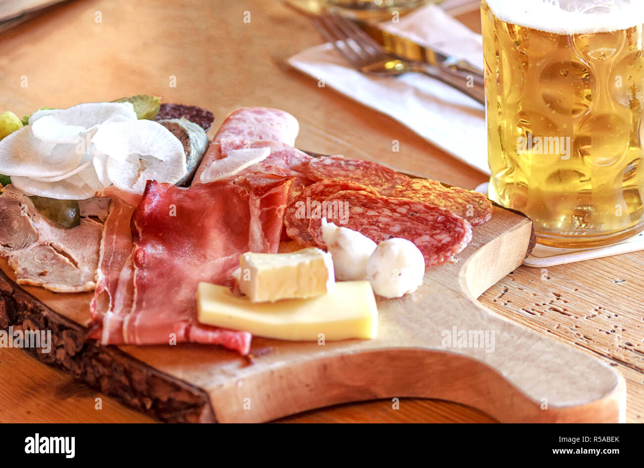 rustic vespers plate with beer Stock Photo