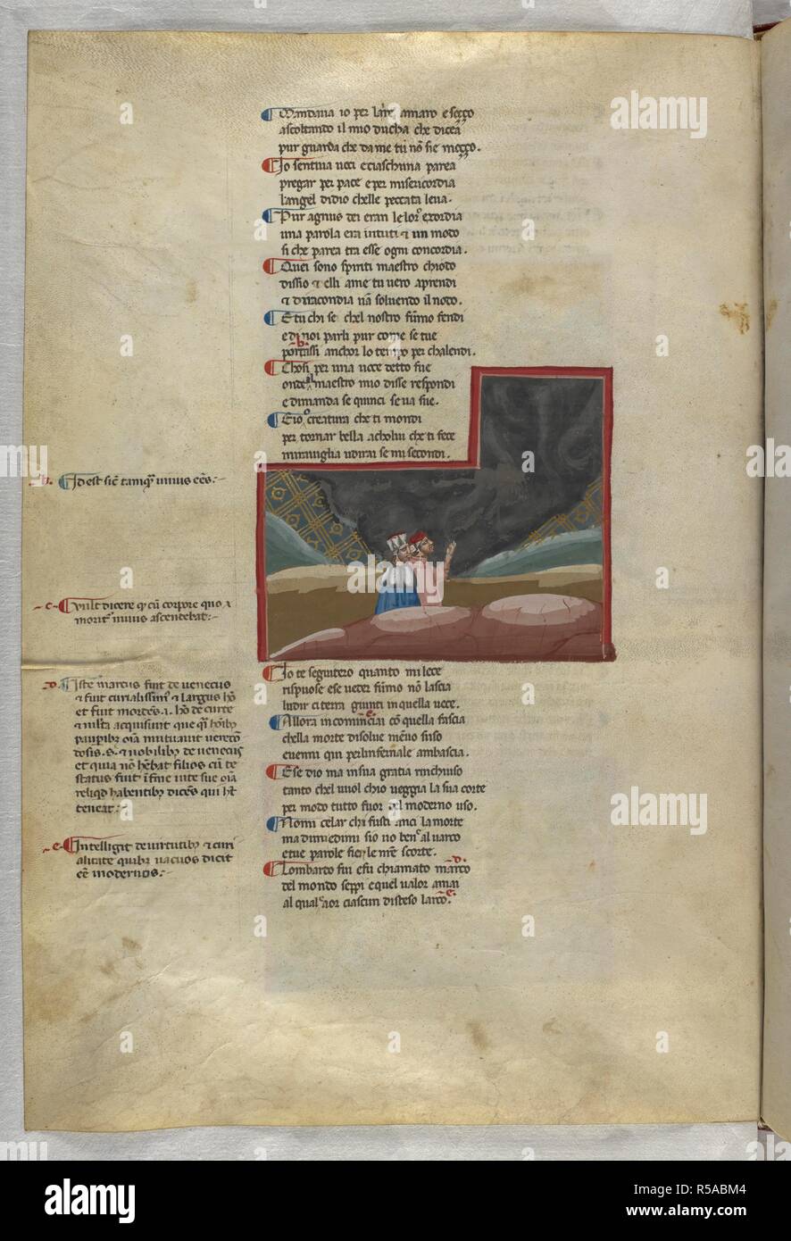 Purgatorio: Dante talks to one of the angry souls. Dante Alighieri, Divina Commedia ( The Divine Comedy ), with a commentary in Latin. 1st half of the 14th century. Source: Egerton 943, f.91v. Language: Italian, Latin. Stock Photo