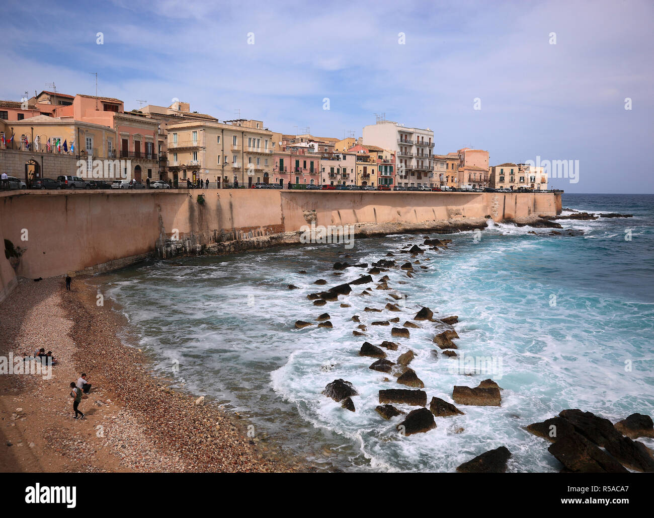Houses by the sea, Ortygia, historical center of the city Siracusa, Syracuse, Sicily, Italy Stock Photo