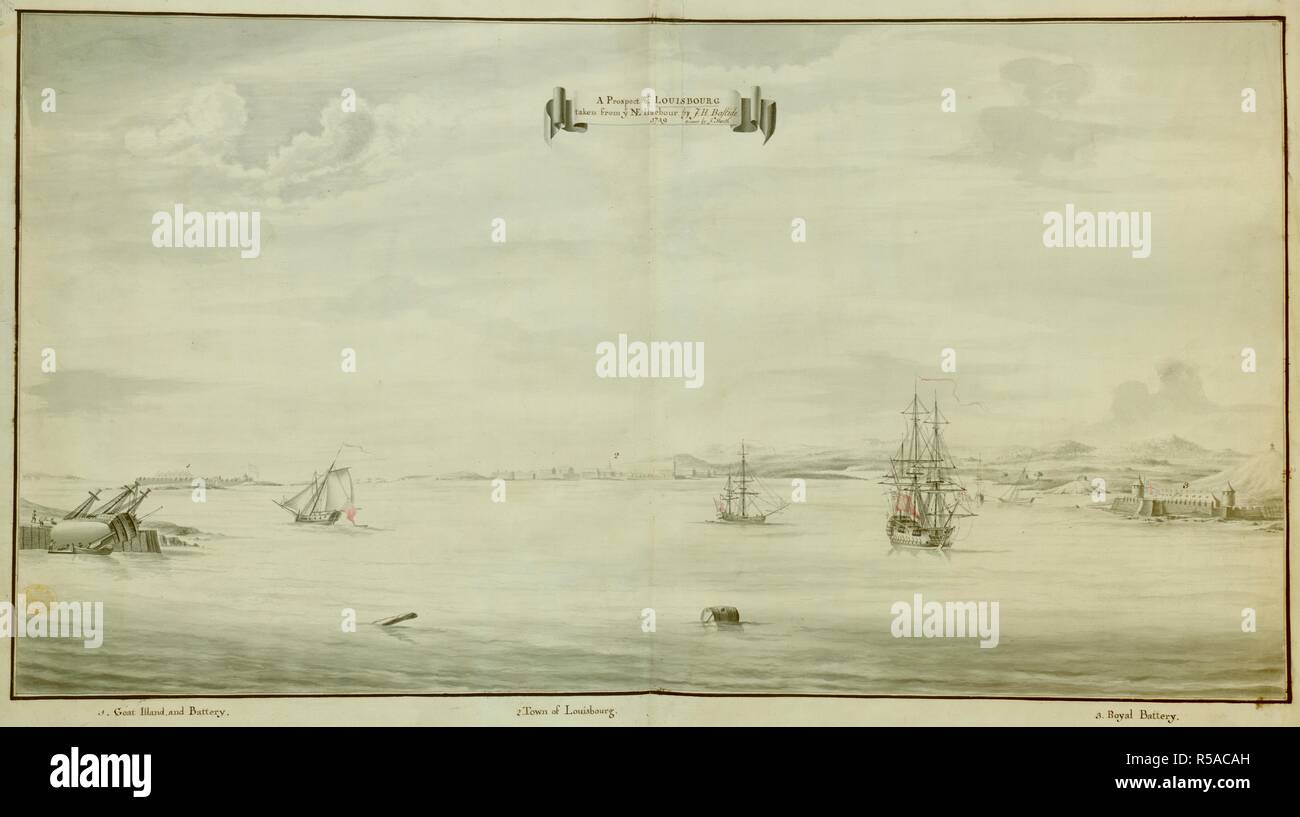A View Of The Harbour At Louisbourg Probably After The Battle Of Louisbourg Ships Flying British Flags A Capsized Ship On The Left Hand Side The Royal Battery Flying The British Flag On