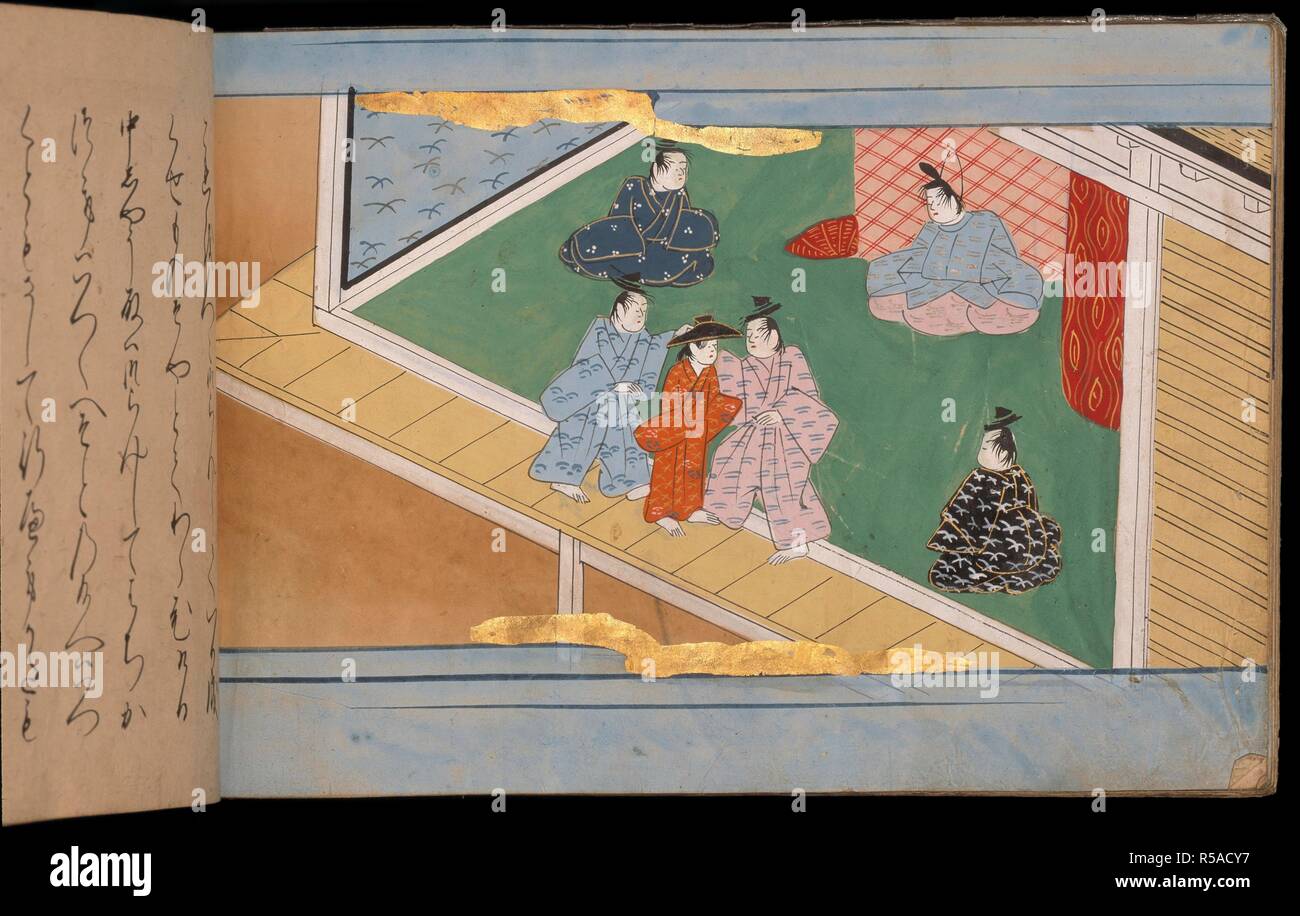 Men and women wearing kimonos. Hachikazuki ('Tale of Hachikazuki'). early Edo period (1640-1680). From a manuscript telling the story of a princess forced to wear a bowl on her head and later finding fame and fortune through the divine help of the goddess Kannon.  Image taken from Hachikazuki ('Tale of Hachikazuki').  Originally published/produced in early Edo period (1640-1680). . Source: Or. 12885 volume 1, f.14v. Language: Japanese. Stock Photo