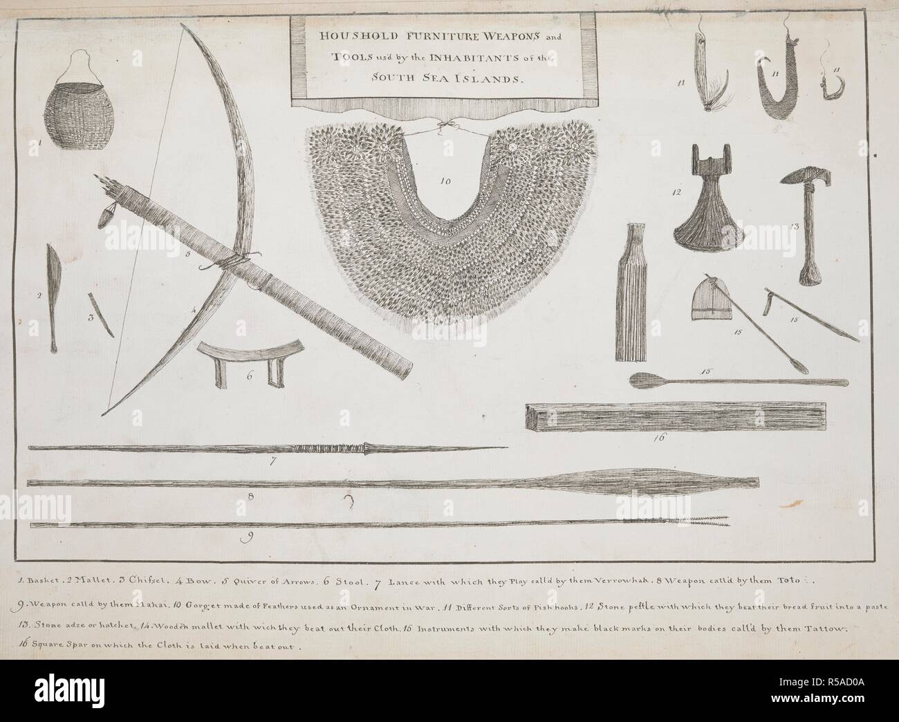 Household furniture, weapons and tools used by the inhabitants of the South Sea islands.  Includes: Basket,Mallet,Chisel,Bow,Quiver of arrows,stool,lance etc. Charts, Plans, Views, and Drawings taken on board the Endeavour during Captain Cook's First Voyage, 1768-1771. 1768-1771. Source: Add. 7085, No.9. Author: COOK, JAMES. Stock Photo