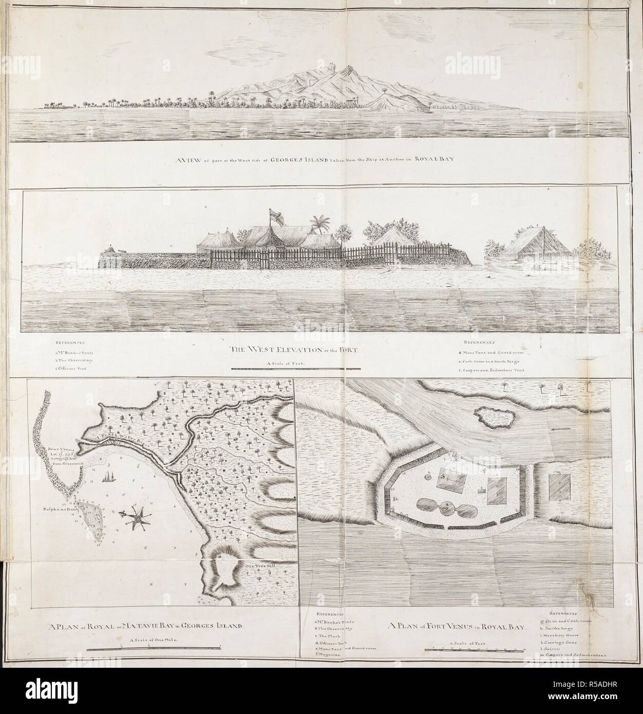 'A plan of Royal or Matavie Bay, in George's Island,' or Otaheite, on a scale of 5 inches to a mile; with a view of the west side of the island, and a west elevation and plan of Fort Venus, in Royal Bay; drawn by Lieut. James Cook in his first voyage. Charts, Plans, Views, and Drawings taken on board the Endeavour during Captain Cook's First Voyage, 1768-1771. 1768-1771. Ms. 2 f. 1 in. x 2 f.; 64 x 61 cm.; Scale 1: 12 672. 5 inches to a mile. Source: Add. 7085, No.8. Language: English. Stock Photo