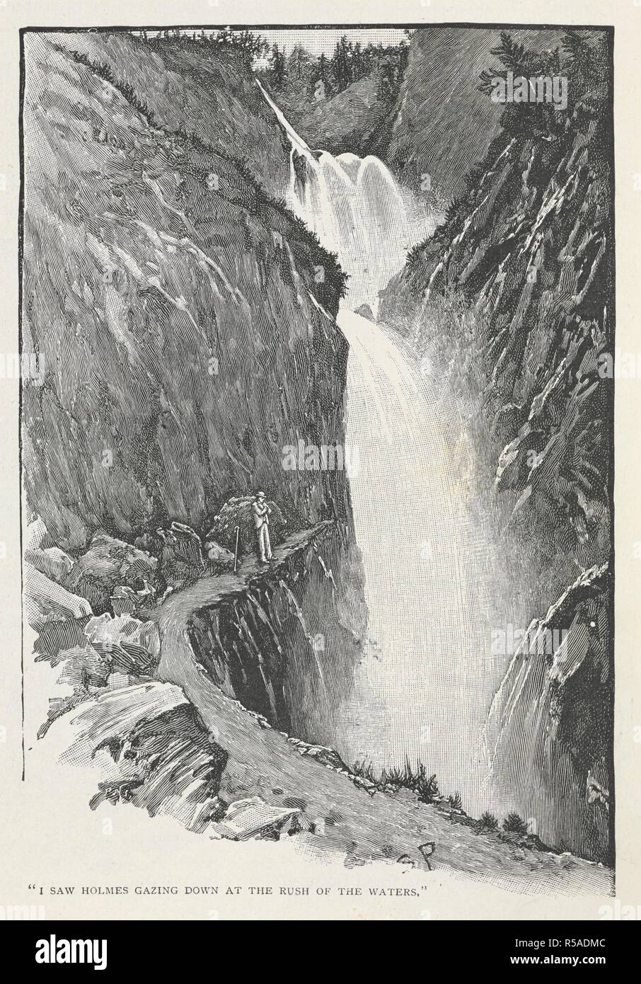 'I saw Holmes gazing down at the rush of the waters'. Sherlock Holmes standing at the Reichenbach falls. Illustration for the story 'the adventure of the final problem'. The Strand magazine : an illustrated monthly / edited by G. Newnes. London : George Newnes. 1893. July to December. Source: P.P.6004.glk page 568. Author: DOYLE, ARTHUR CONAN. Paget, Sydney. Stock Photo