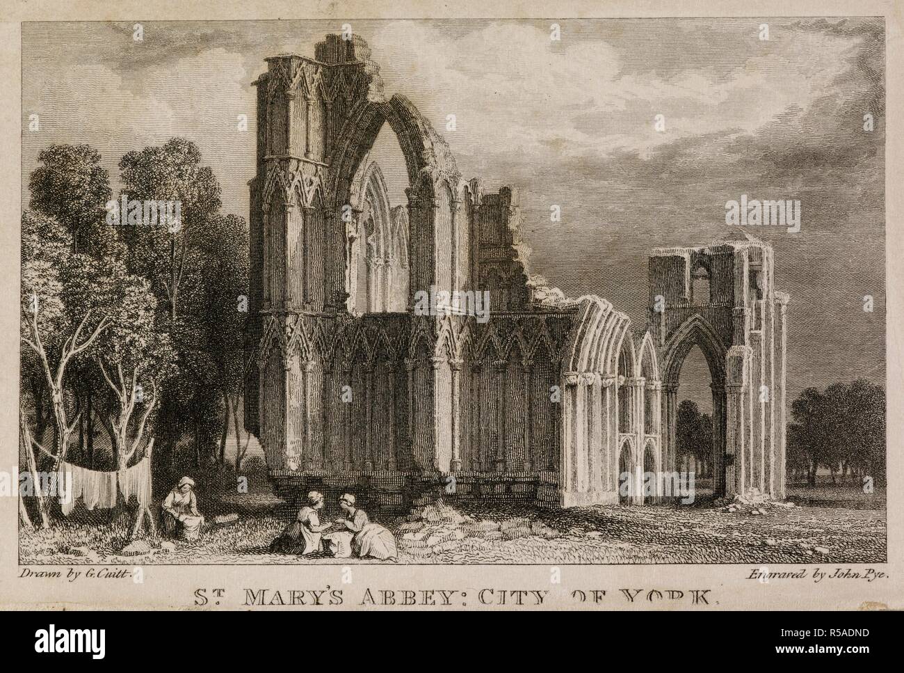 Illustration from guidebook. St Mary's Abbey church in the city of York. Ruin. Arches and walls. Three women hanging out washing. . Le Souvenir pocket tablet or guidebook. England. Le Souvenir, or Pocket Tablet for MDCCC (MDCCCXV, MDCCCXXVIII, MDCCCXXXII, MDCCCXXXIV, MDCCCXIX, 1843-1848, 1854, 1855, 1857-1873). J. Godwin. 1834, 1846-1848. Source: C.70.a.1 frontispiece. Author: Pye, John. Stock Photo