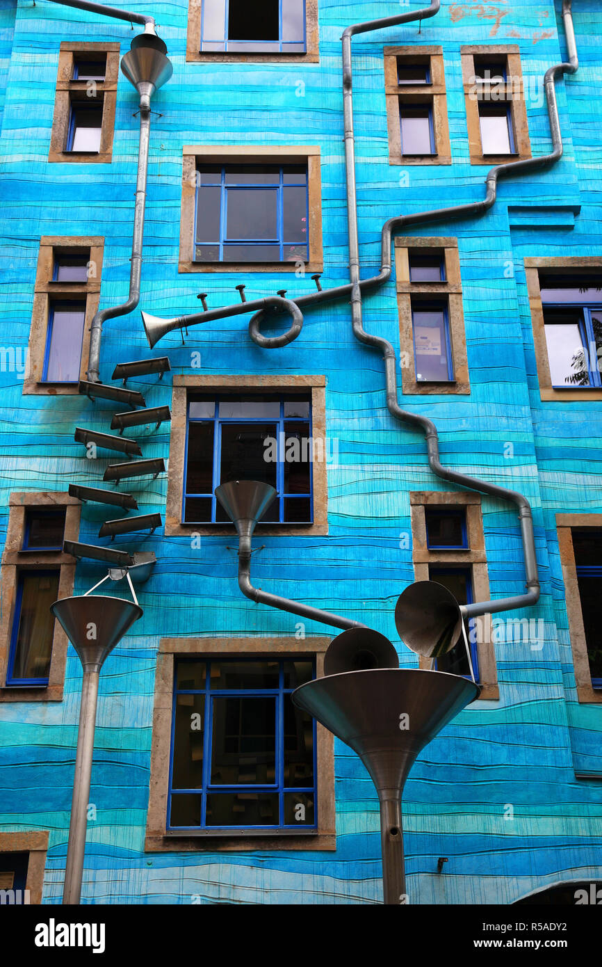 Blue house facade with rain pipes, art project for the element water, courtyard of the elements, Kunsthofpassage, artists Stock Photo