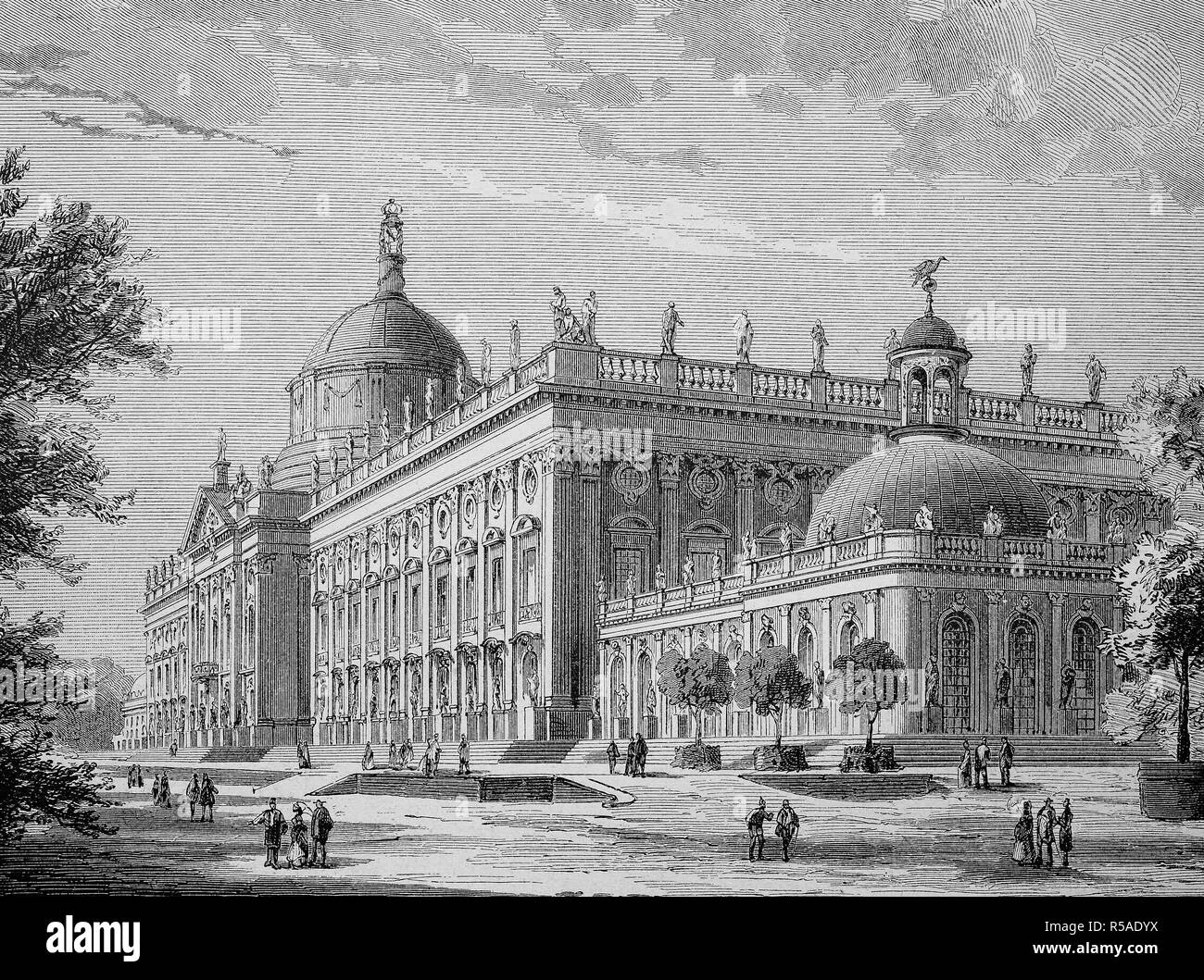 Friedrichskron Palace, New Palace near Potsdam, reproduction of a woodcut publication from the year 1888, Potsdam, Germany Stock Photo