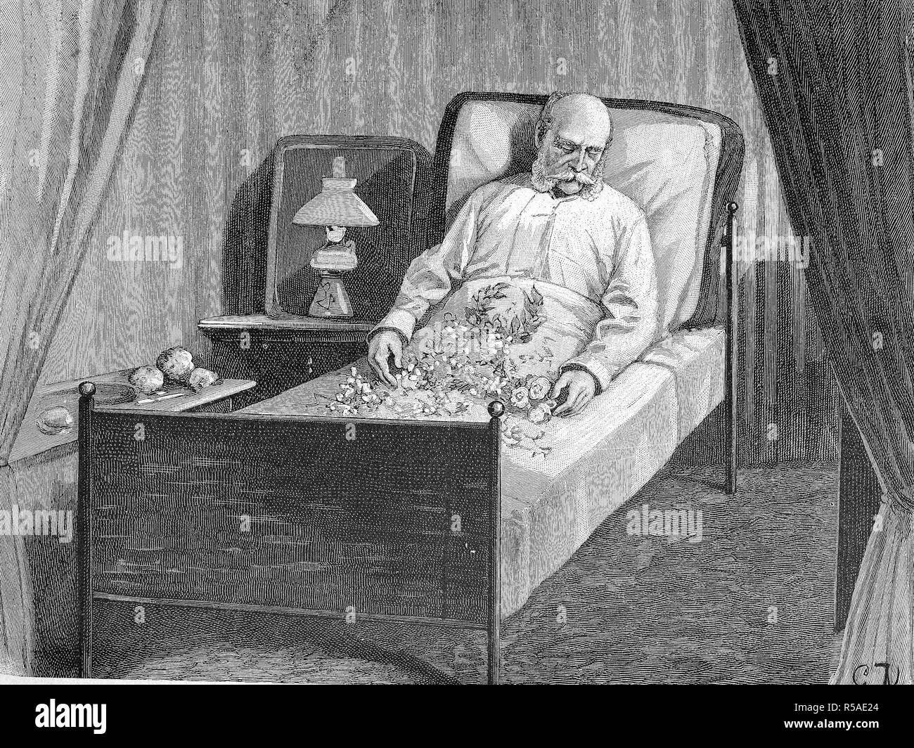 The deathbed decorated with flowers of the emperor William I. or Wilhelm I., 22 March 1797 9 March 1888, was King of Prussia and Stock Photo