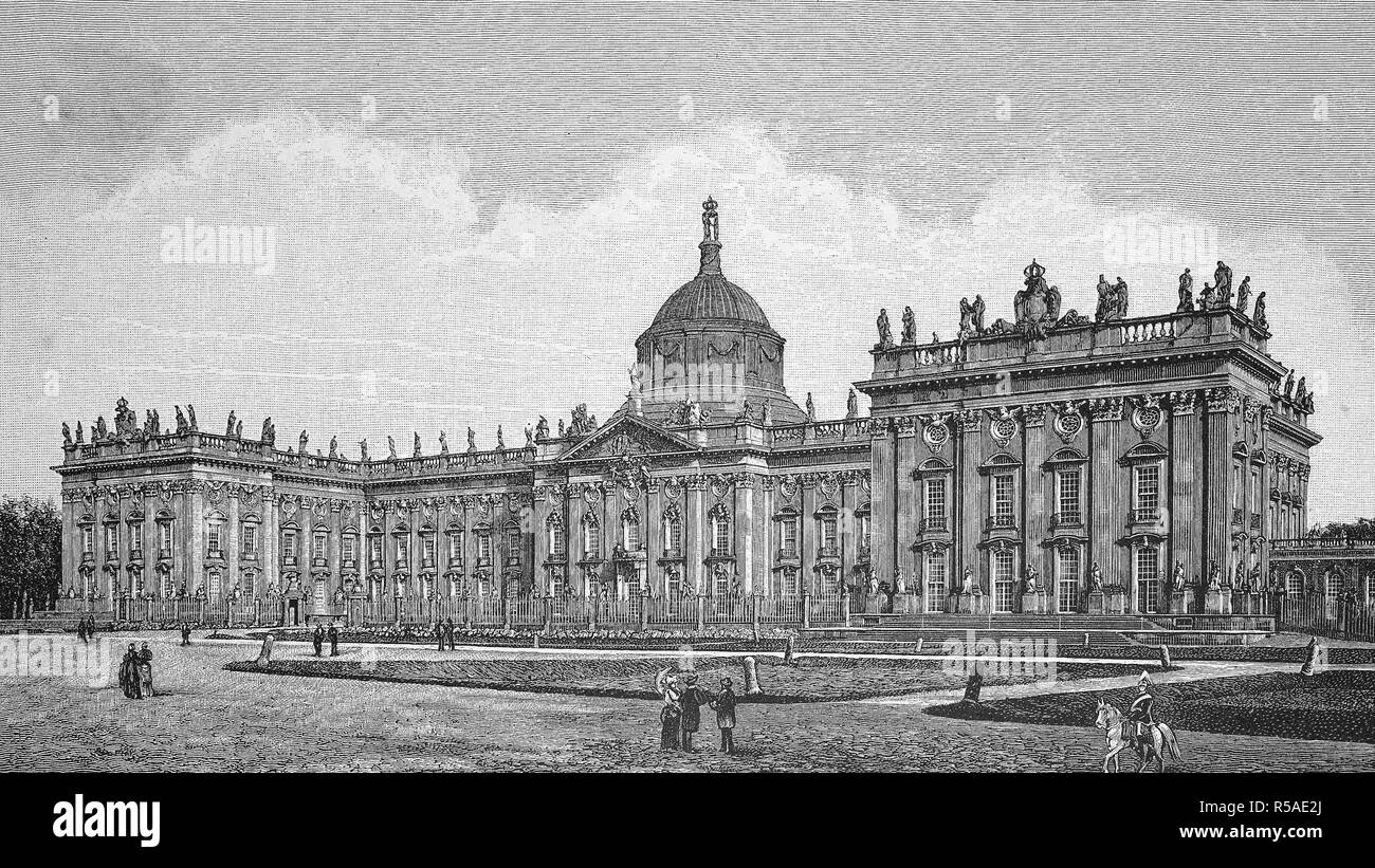 Friedrichskron Palace, New Palace near Potsdam, Berlin, woodcut from the year 1888, Germany Stock Photo