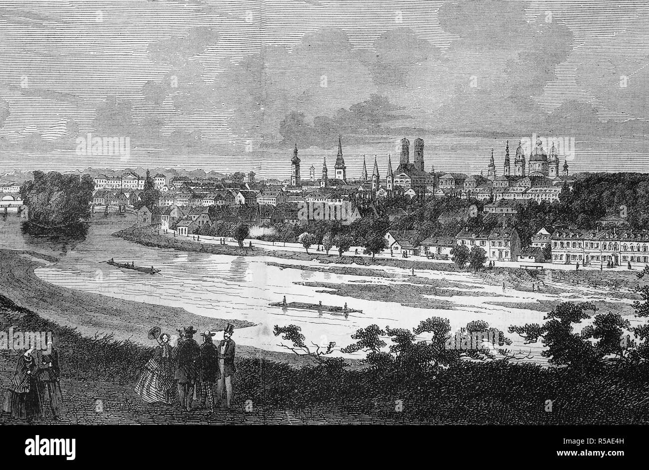 Panorama view of Munich with river Isar, Bavaria, woodcut, 1888 ...