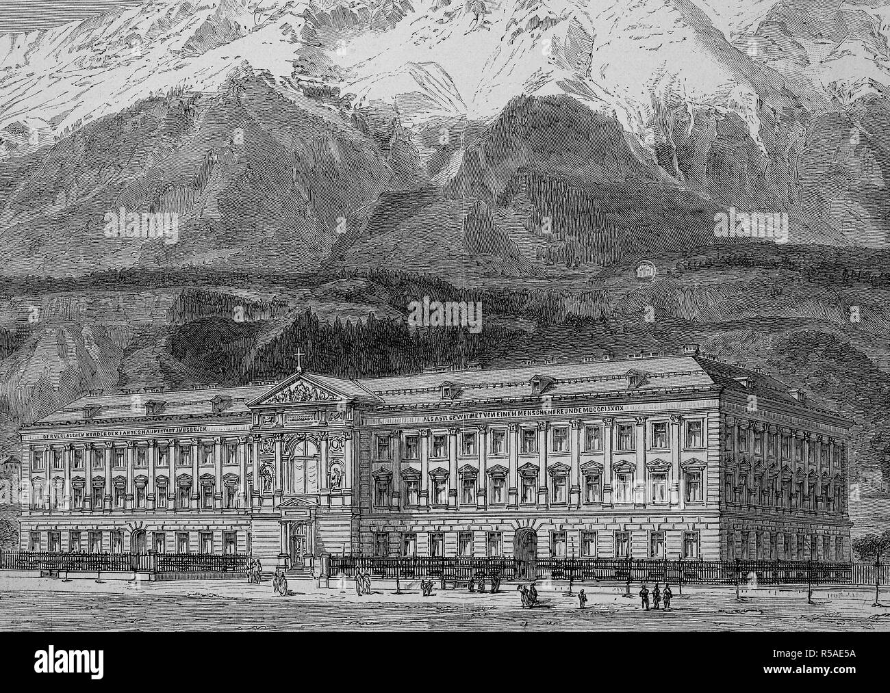 The orphanage of Sieberer, woodcut, 1885, Innsbruck, Austria Stock Photo