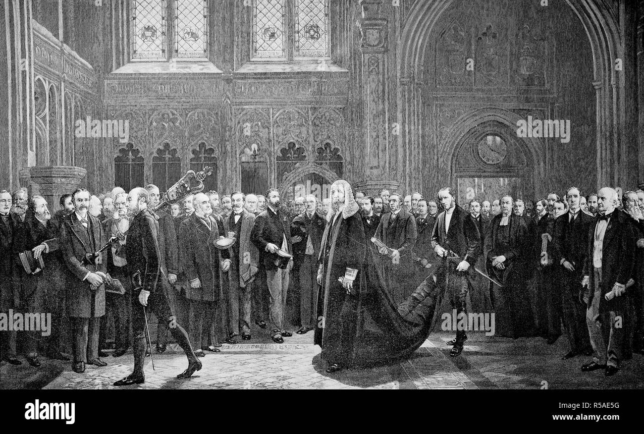 English Parliament, the Speaker on the way to the Upper House, Senate, woodcut, 1885, England Stock Photo