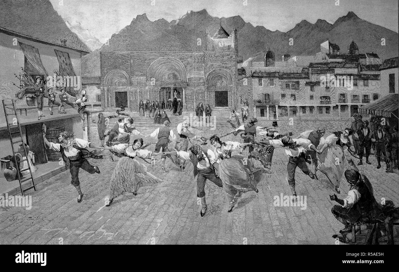 The farandole is an open-chain community dance popular in Provence, reproduction of an image published 1880, France Stock Photo