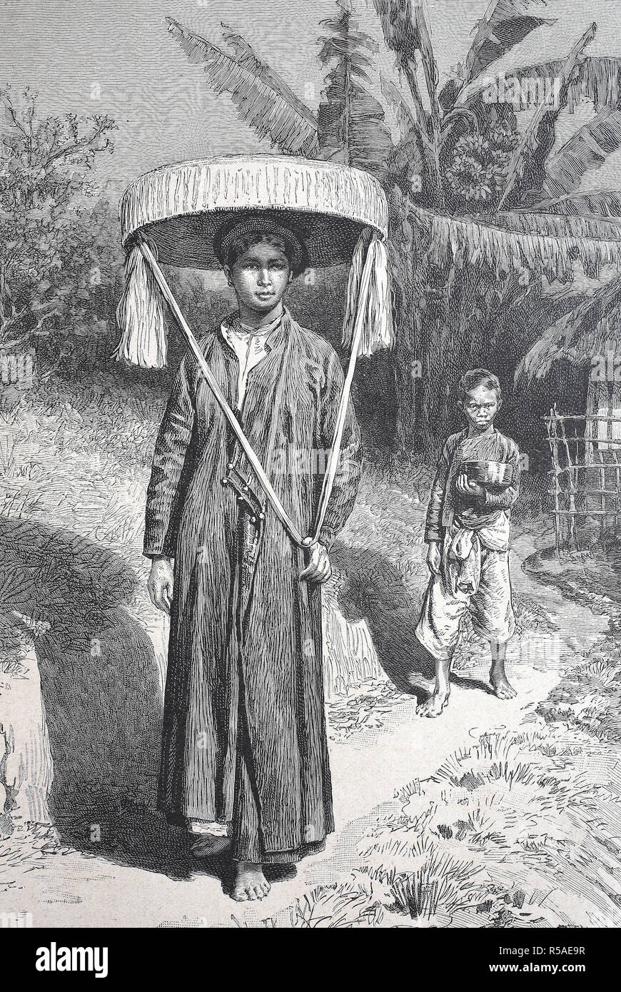 Wealthy woman, tonkinesin, in street costume and sun protection, woodcut, 1885, Thailand Stock Photo