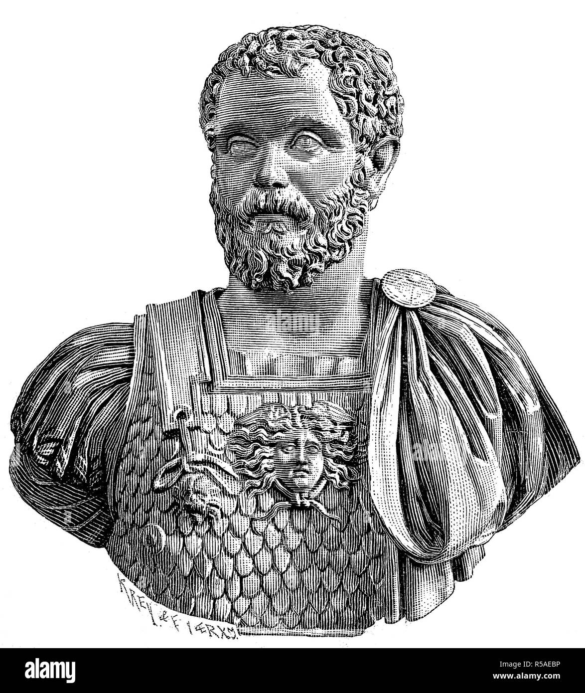 Ancient Marble Bust of Lucius Septimius Severus Pertinax, April 11, 146, February 4, 211, was Roman Emperor, woodcut, Italy Stock Photo