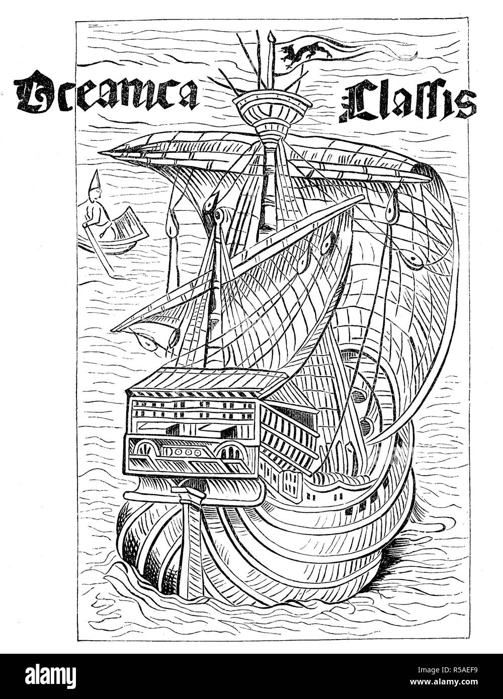 Drawing of a Spanish ship from the time of the discovery of America around 1492, woodcut, Spain Stock Photo
