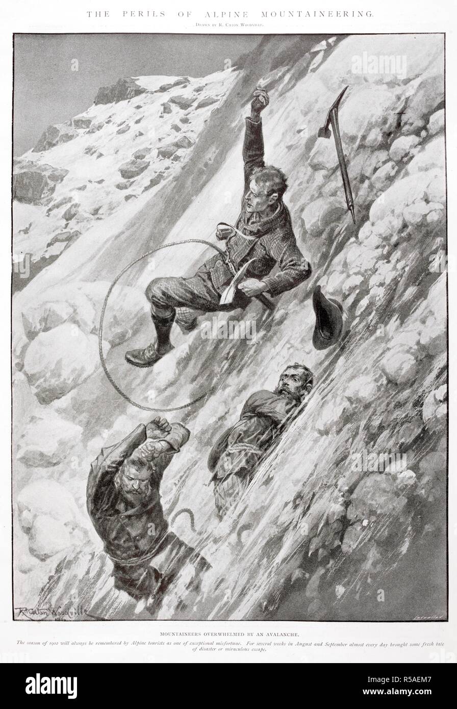 'The perils of Alpine mountaineering'. 'Mountaineers overwhelmed by an avalanche'. The Illustrated London News. London, 1902. Source: The Illustrated London News 4 October 1910 page 495. Author: Caton Woodville, R. Stock Photo