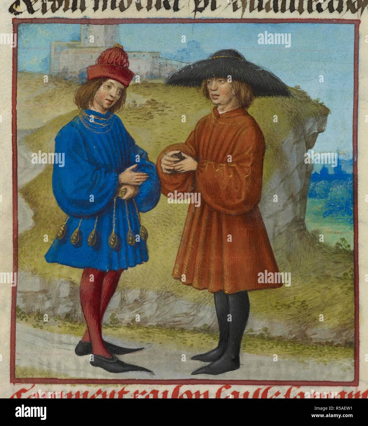 Miniature of l'Ami (the Friend) and the Lover.    . Roman de la Rose. Netherlands, S. (Bruges). c. 1490-c. 1500. Source: Harley 4425 f.67v. Language: French. Author: LORRIS, GUILLAUME DE. MEUN, JEAN DE. Stock Photo