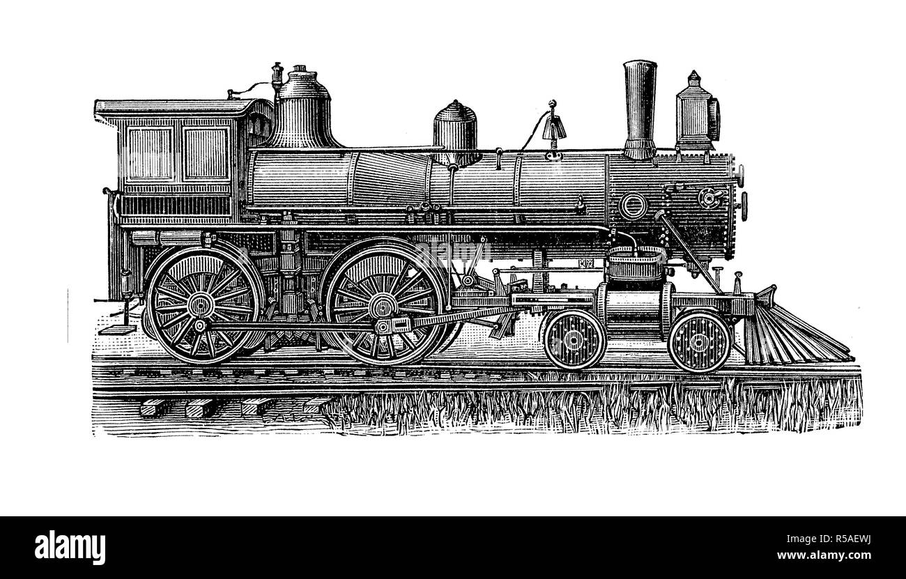 Locomotives from the 19th century, American express locomotive , woodcut, America Stock Photo