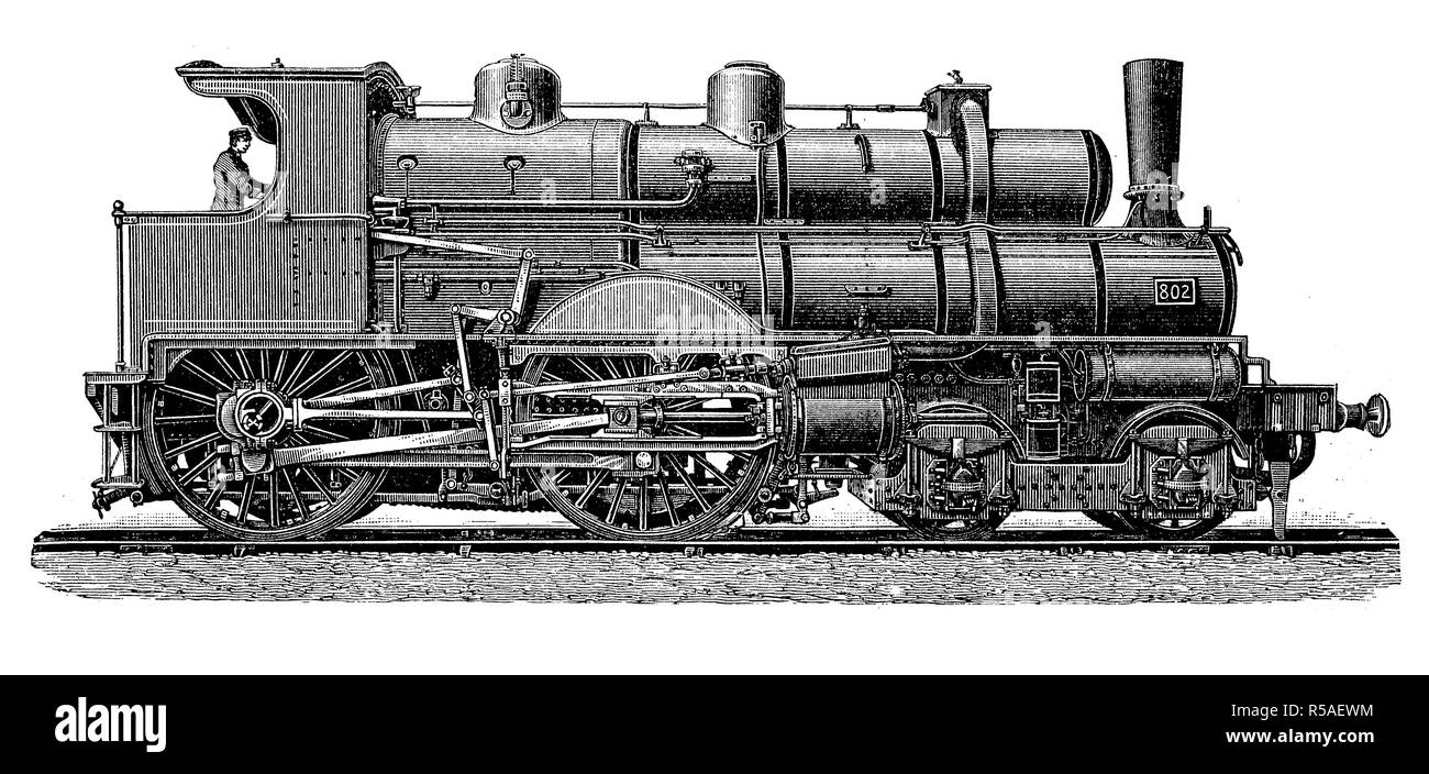 Locomotives from the 19th century, Locomotive with double boiler for the French East Railway, woodcut, France Stock Photo