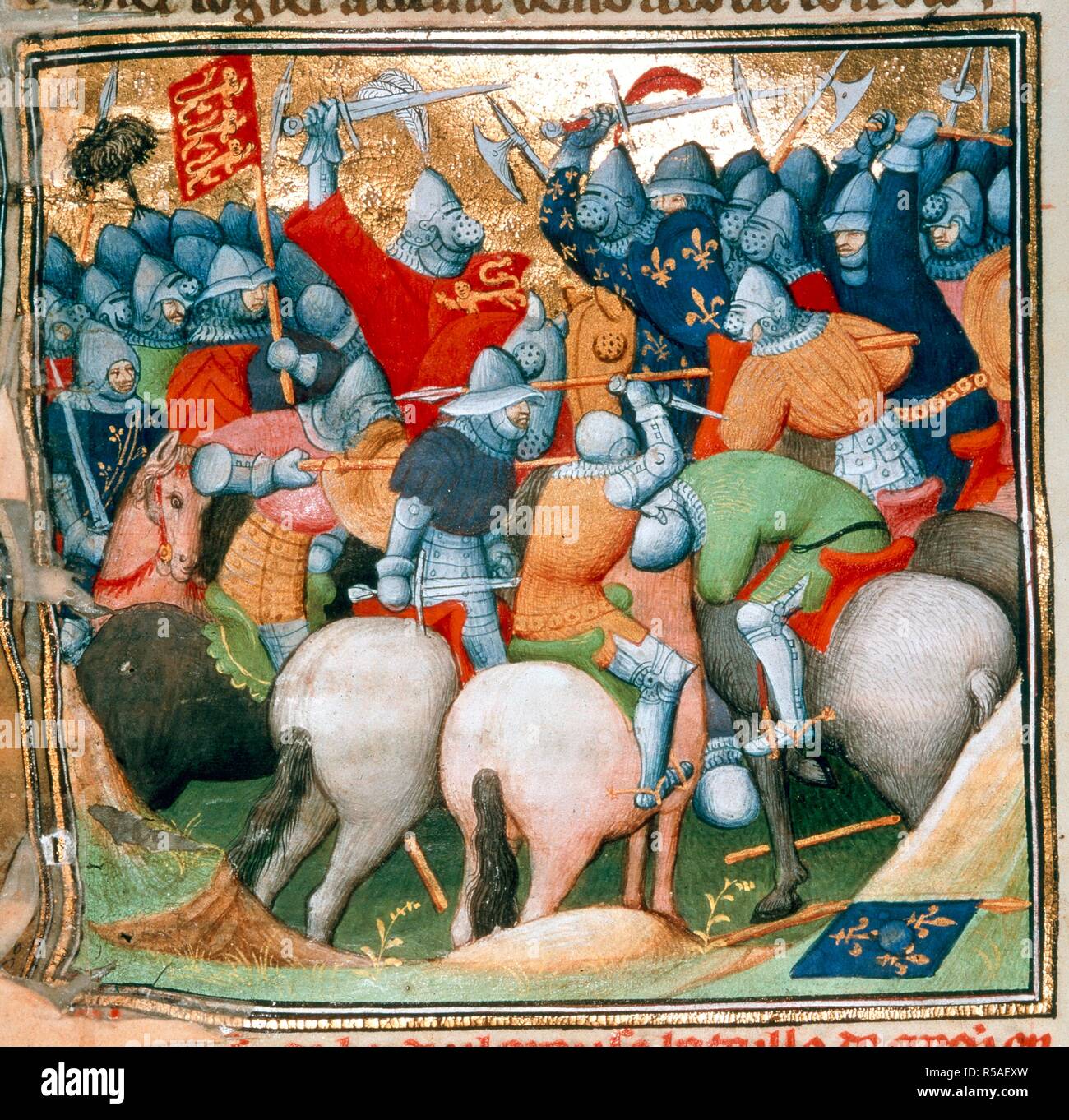 Battle of CrÃ©cy,  between the English and the French in 1346. Grandes Chroniques de France. Circa 1415. Source: Cotton Nero E. II pt.2, f.152v. Language: French. Author: Workshop of the Boucicaut Master. Stock Photo
