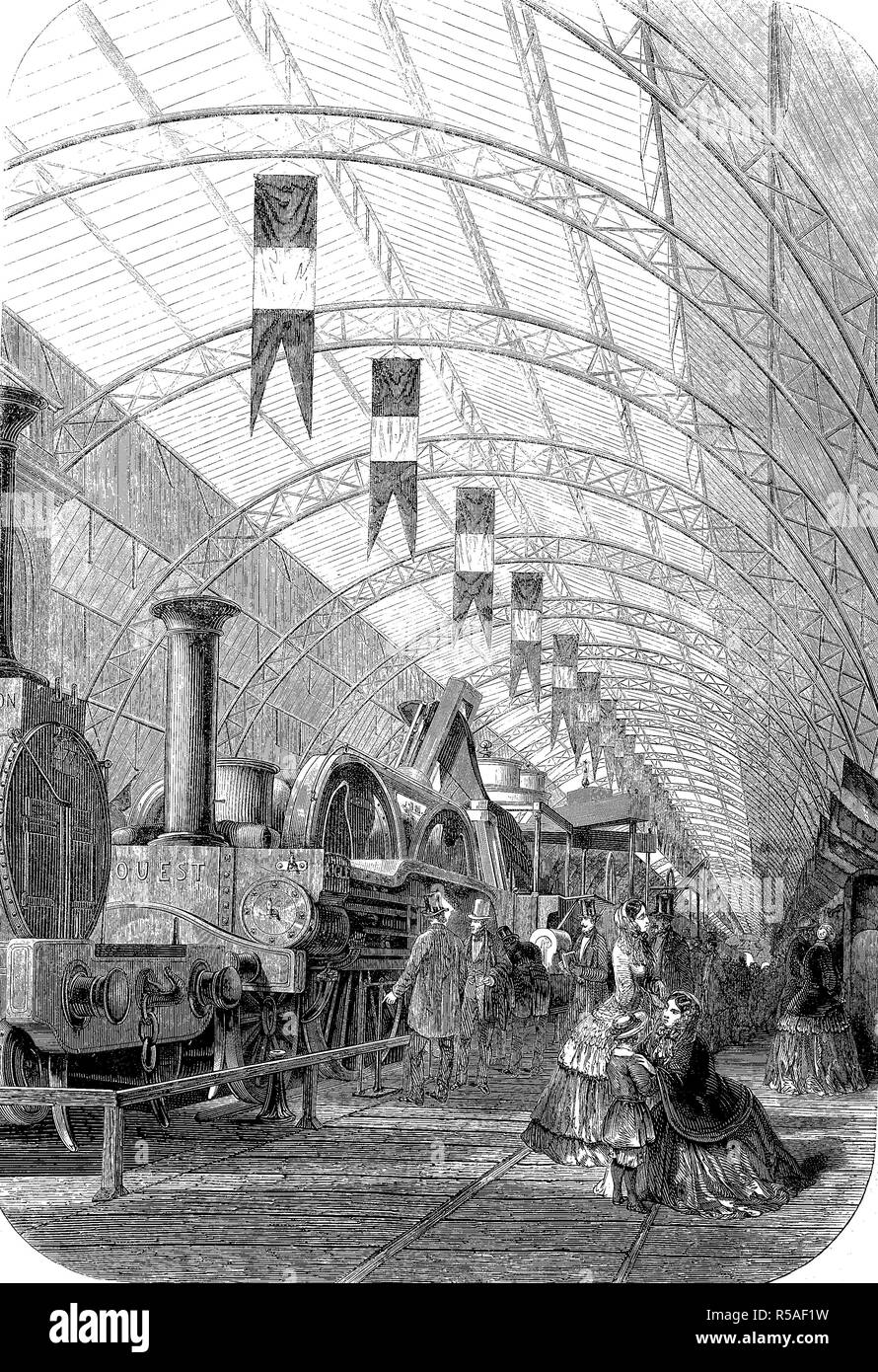 Train in the The Annexe in France in a railway station, locomotive, 1880, woodcut, France Stock Photo