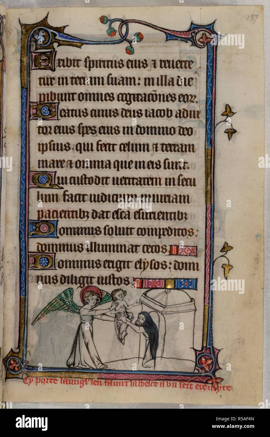 Bas-de-page scene of the Abbess Delivered, of the angel giving the abbess's child to a hermit in his cell, with a caption reading, 'Cy porte laung[e]l lenfaunt labbesce a un sei[n]t eremyte'.  . Book of Hours, Use of Sarum ('The Taymouth Hours'). 2nd quarter of the 14th century. Source: Yates Thompson 13, f.157. Language: Latin and French. Stock Photo