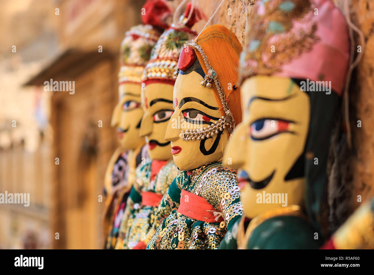 Rajasthani puppets (Kathputli) have been displayed on a shop at Jaisalmer Fort, Rajasthan. Kathputli is a string puppet theatre, native to Rajasthan, Stock Photo