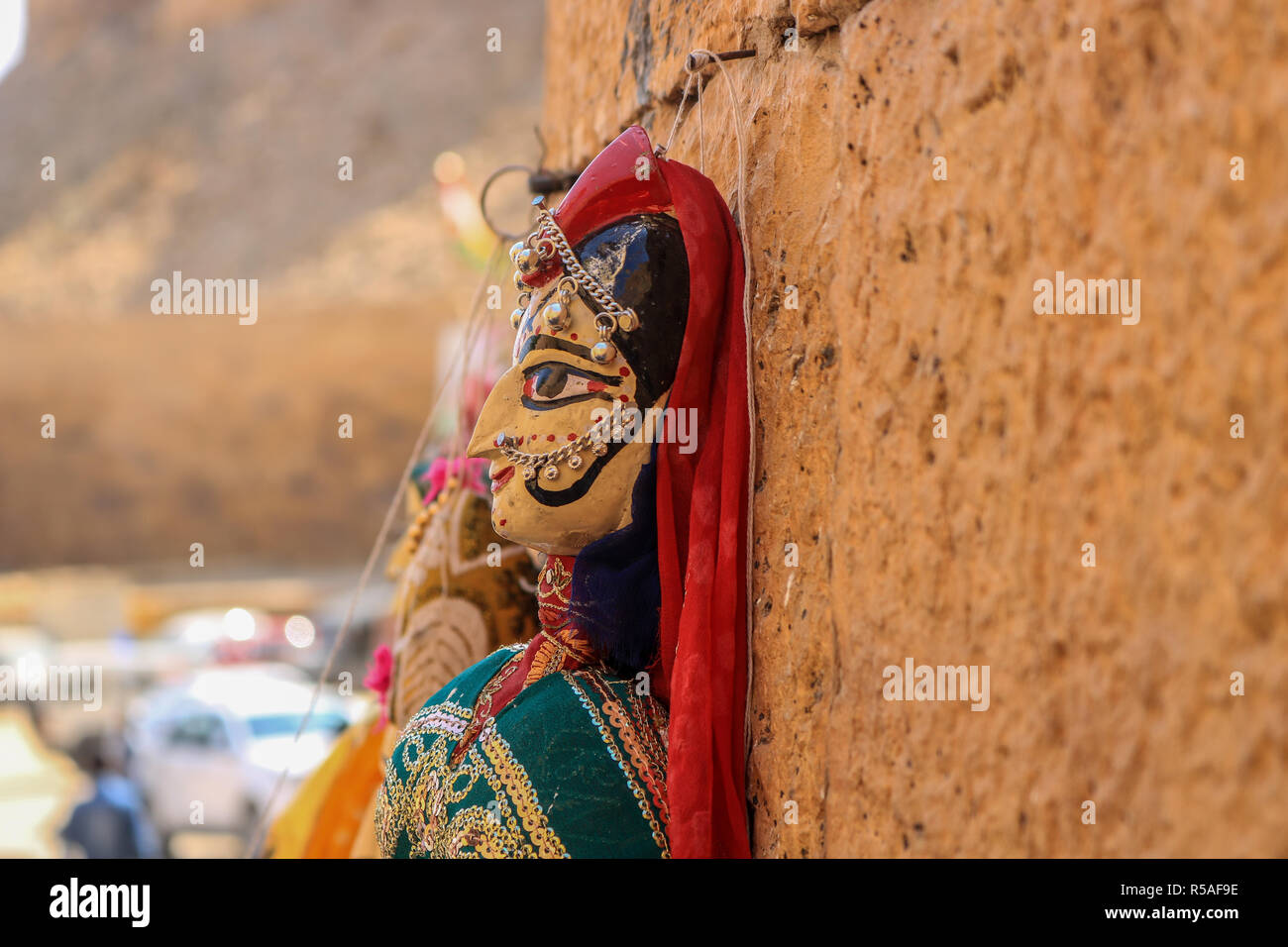 Rajasthani puppets (Kathputli) have been displayed on a shop at Mehrangarh Jodhpur, Rajasthan. Kathputli is a string puppet theatre, native to Rajasth Stock Photo