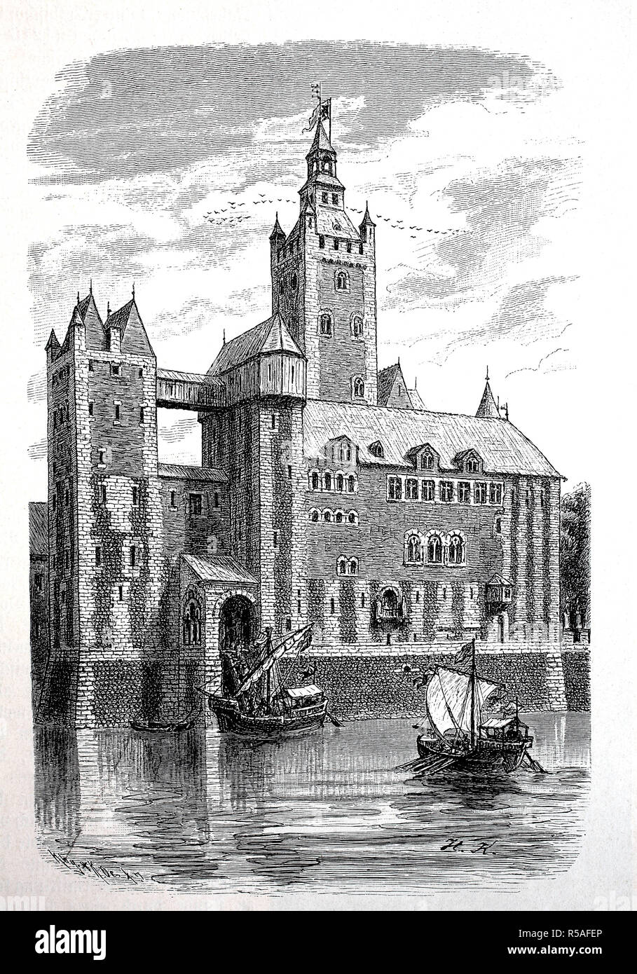 Reconstruction of the Kaiserpfalz on the banks of the Rhine at Kaiserswerth am Rhein, 1880, woodcut, Germany Stock Photo