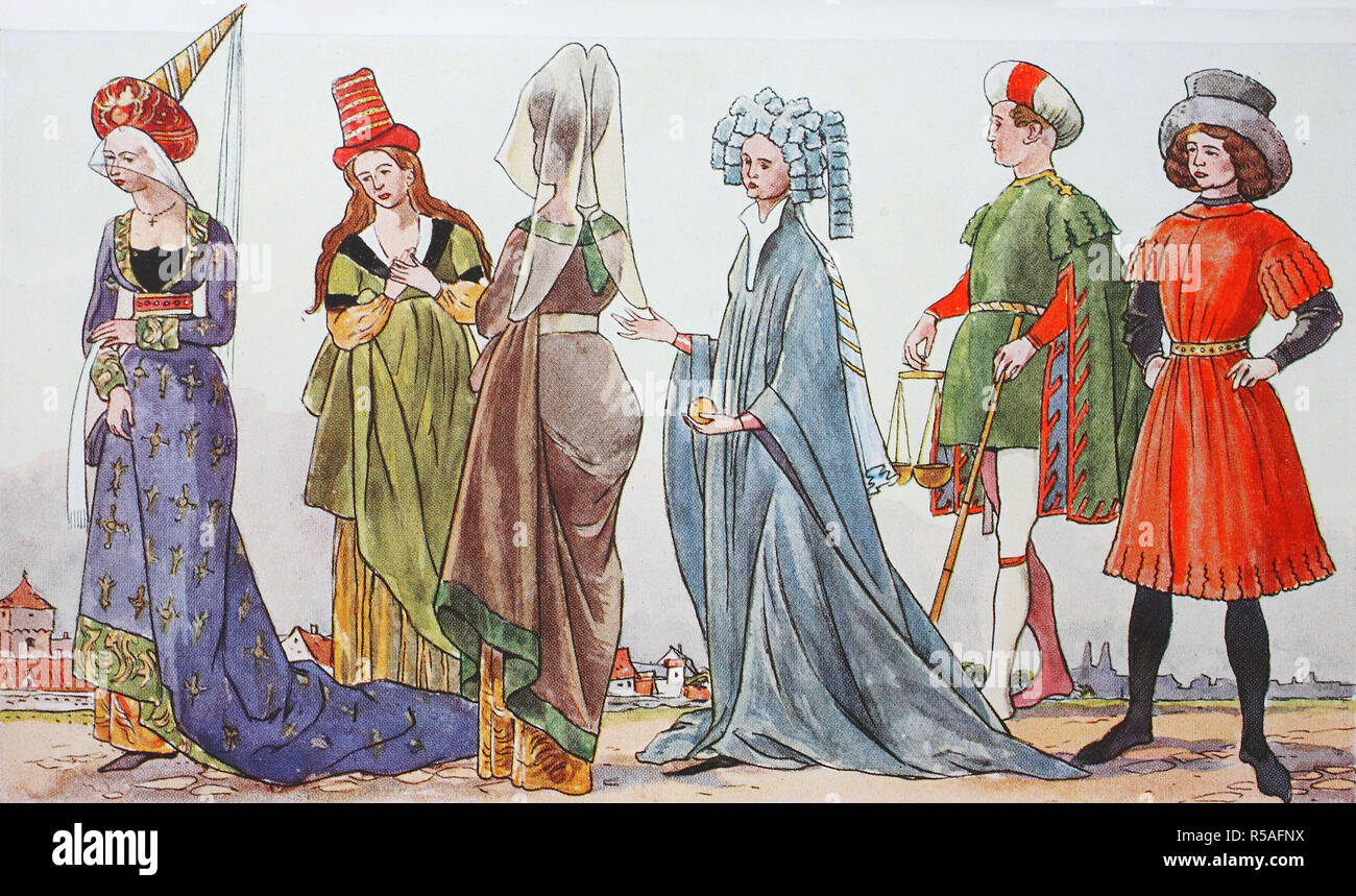 Clothes, fashion in Germany under Burgundian influence from 1410-1460, illustration, Germany Stock Photo