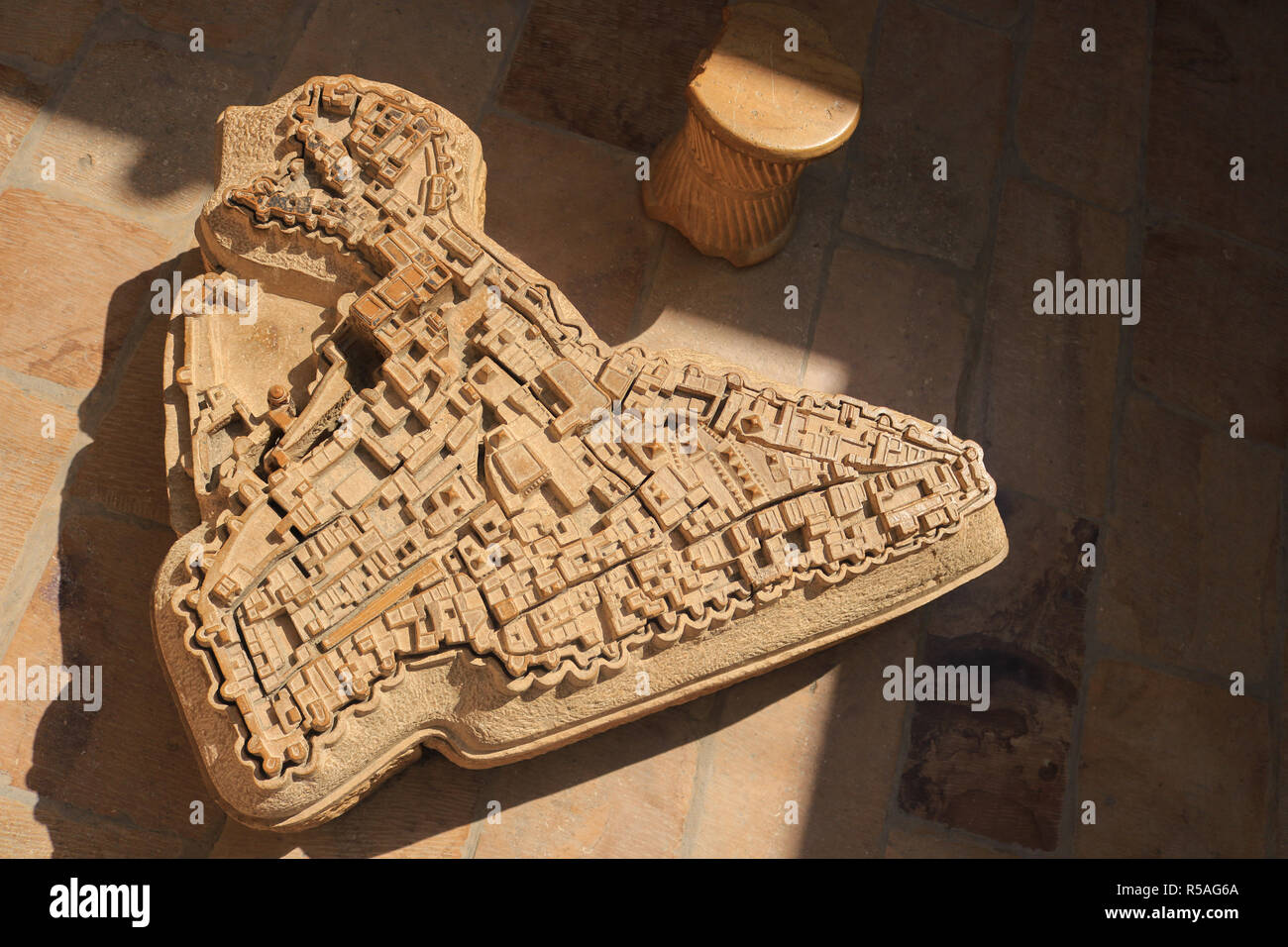 Ancient map of Golden Fort of Jaisalmer carving on stone. Stock Photo