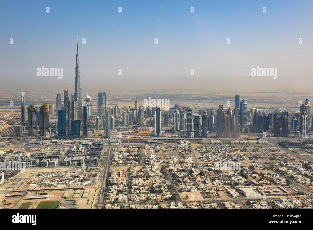 dubai skyline burj khalifa aerial view aerial view Stock Photo - Alamy