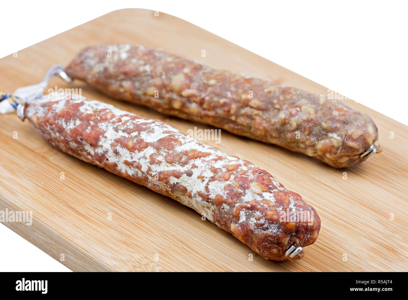 french salami on wooden board Stock Photo