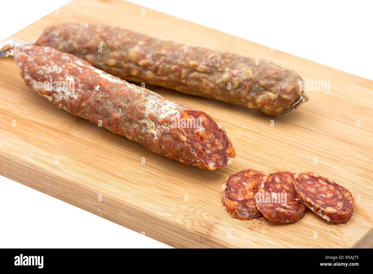 french salami on wooden board Stock Photo