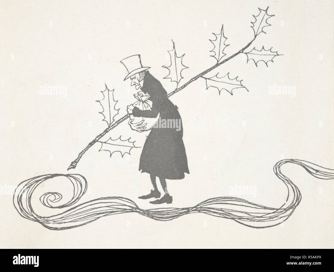 Illustration of Scrooge, depicted by a sprig of holly, clutching a bag of money and looking angry. . A Christmas Carol ... Illustrated by Arthur Rackham. London; J. B. Lippincott Co. Philadelphia : Wiiliam Heinemann, 1915. Source: 012622.g.37. inside front cover. Author: RACKHAM, ARTHUR. DICKENS, CHARLES. Stock Photo