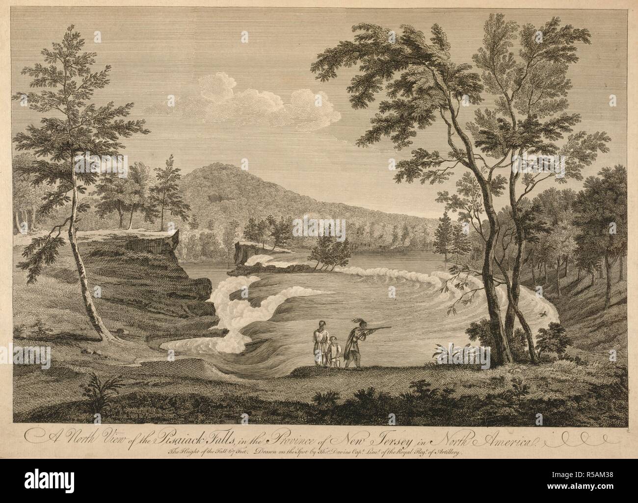 A man wearing a short tunic and a feathered head-dress stands under the trees by a waterfall pointing his rifle at a bird in the foreground. A woman and a child can been seen next to him, and a mountain and forest in the background. A North View of the Pisaiack Falls, in the Province of New Jersey in North America : The Height of the Fall 67 Feet. [London] : [publisher not identified], [1765]. Etching and engraving. Source: Maps K.Top.122.31.a. Language: English. Stock Photo
