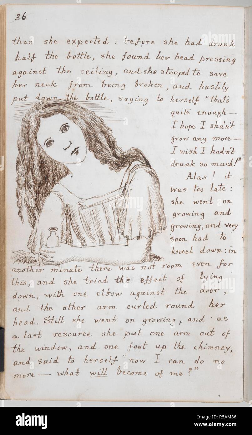 Alice puts down the bottle. Alice's Adventures Under Ground [in Wonderland]. England [Oxford]; 1862-1864. [Whole folio] Drawing and text from Chapter II: Alice puts down the unlabelled bottle, and starts to grow  Image taken from Alice's Adventures Under Ground [in Wonderland].  Originally published/produced in England [Oxford]; 1862-1864. . Source: Add. 46700, f.19v. Language: English. Author: DODGSON, CHARLES LUTWIDGE. Dodgson, Charles Lutwidge, pseud. Lewis Carroll. Stock Photo