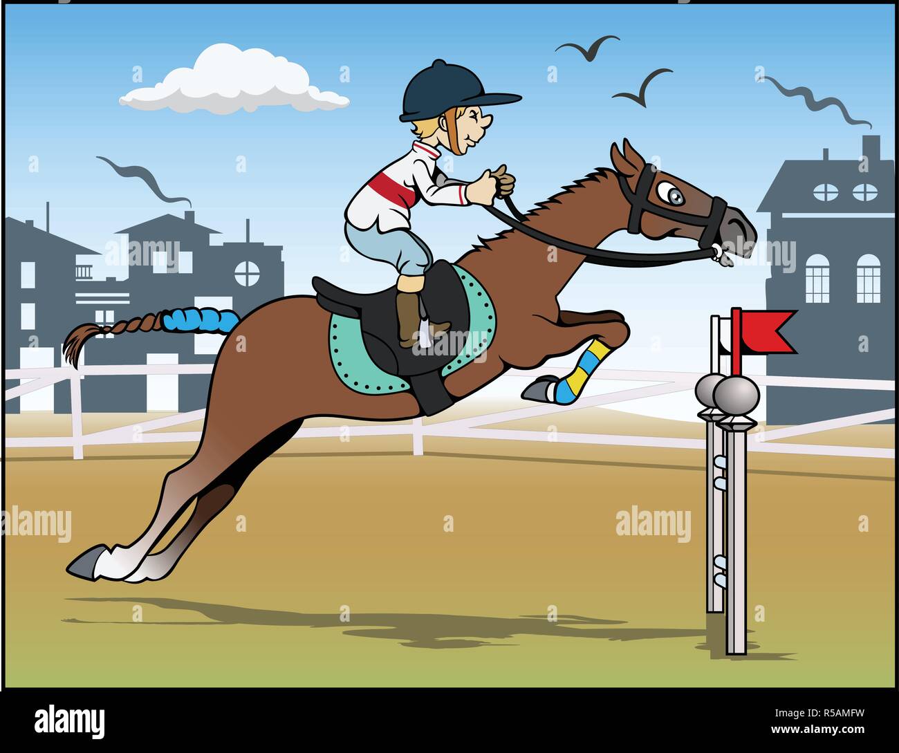 Cartoon illustration A young cavalier is jumping above an obstacle Stock Vector