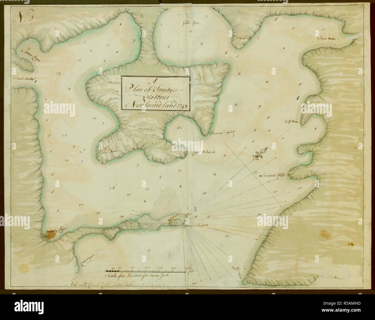 A plan of Trinity's Harbour, Newfoundland. A Plan of Trinity's Harbour Newfoundland 1748. [Trinity Harbour?] : [J.H. Bastide], 1748. Source: Maps K.Top.119.107.a. Language: English. Stock Photo