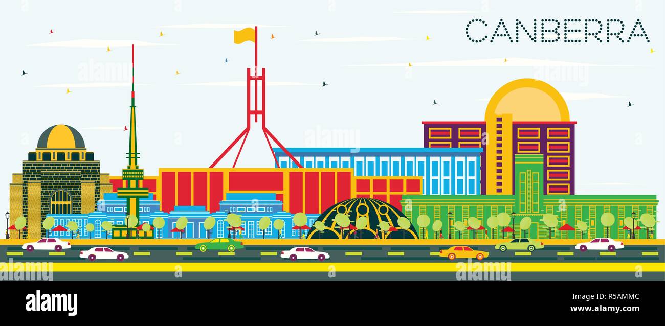Canberra Australia City Skyline with Color Buildings and Blue Sky. Vector Illustration. Business Travel and Tourism Concept with Modern Architecture.  Stock Vector